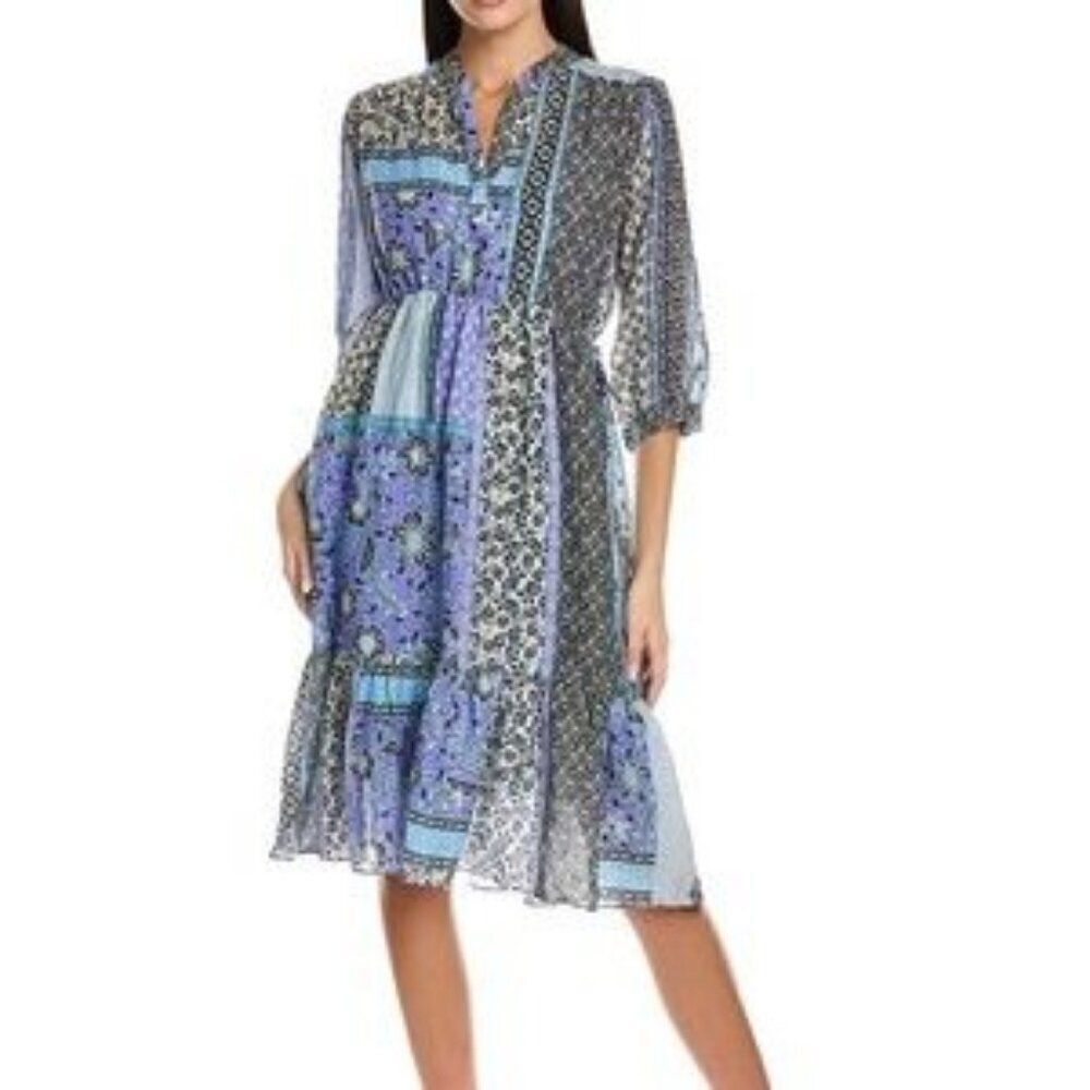 Johnny Was Blue Marrakesh Patchwork Drawstring Midi Dress Size Small